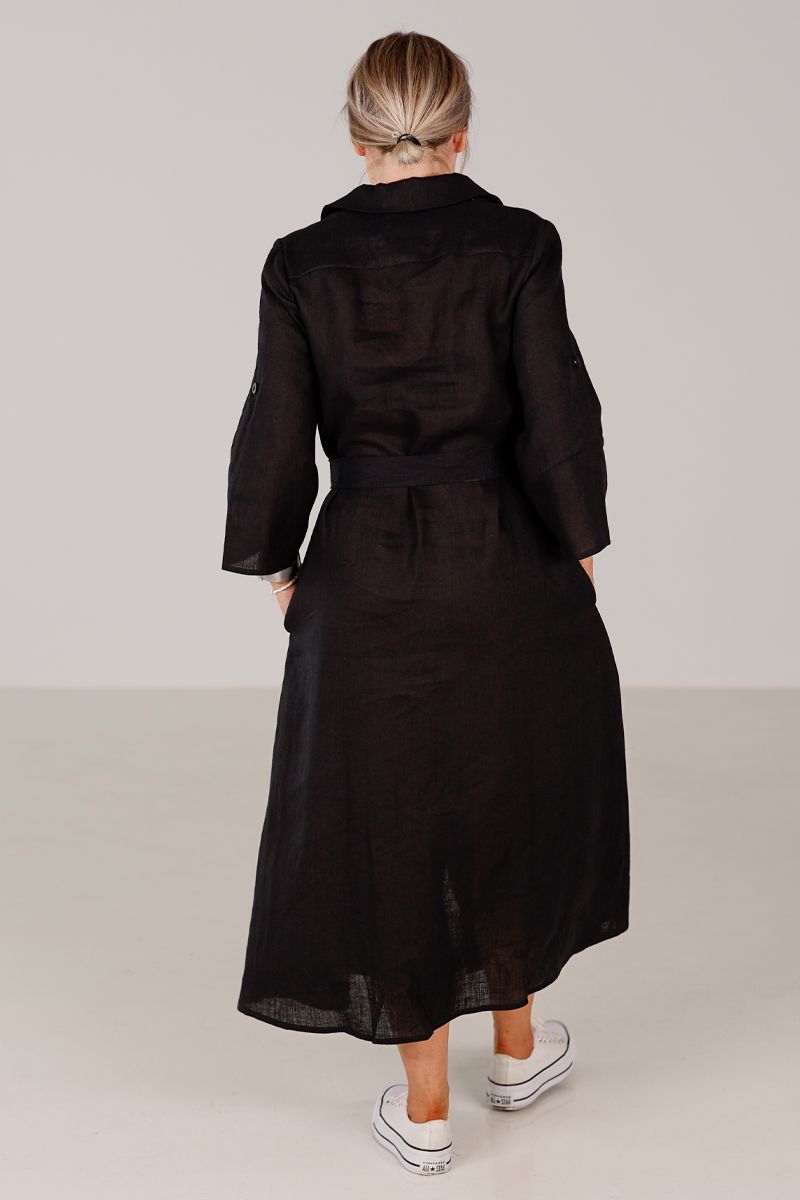 Donna black linen shirt dress