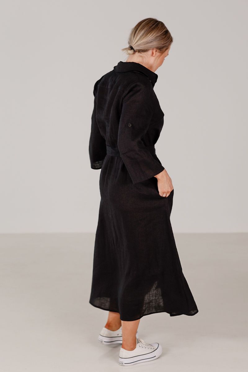 Donna black linen shirt dress