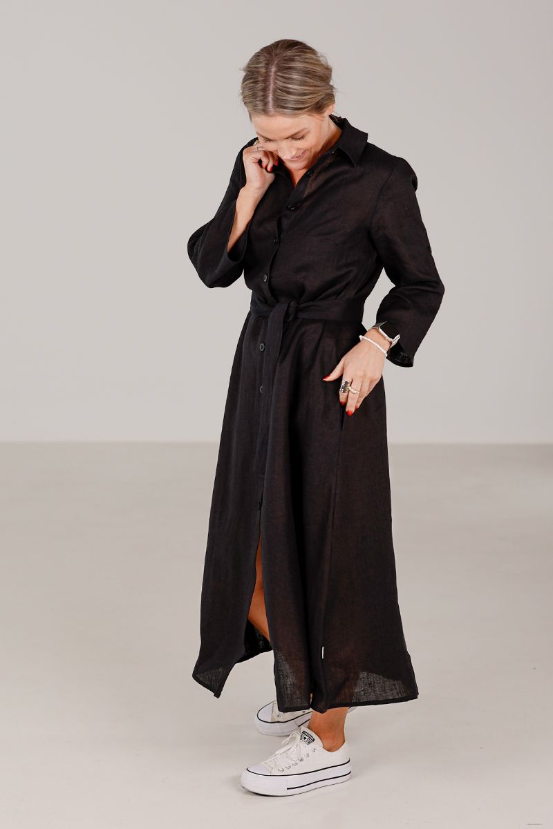 Donna black linen shirt dress